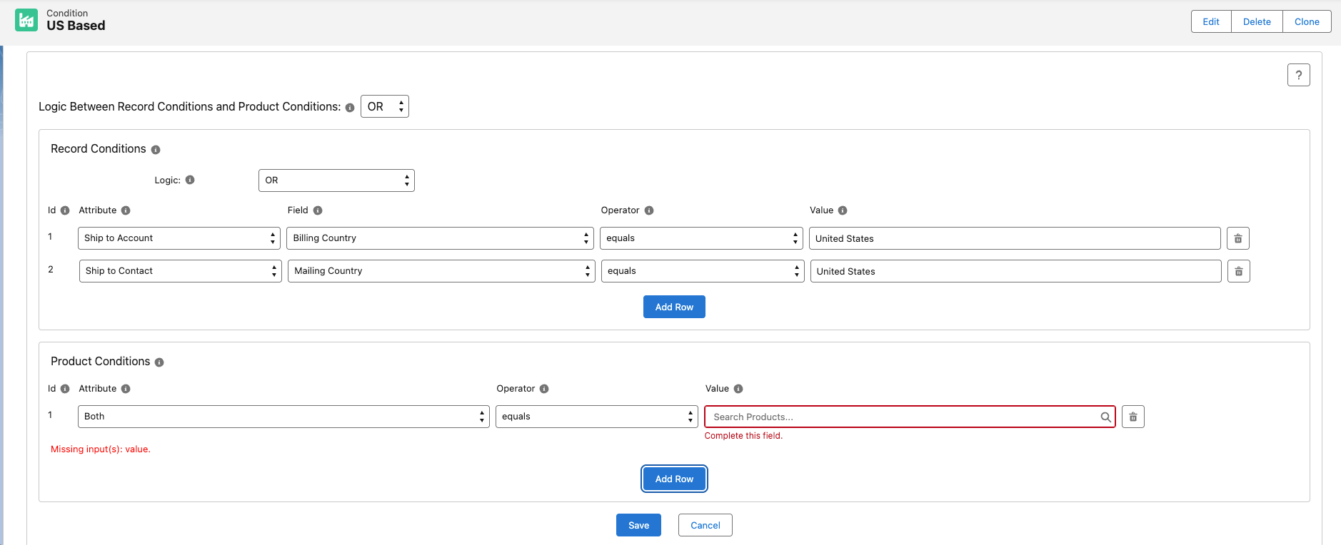 The condition line editor with Add Row buttons for Record and Product Conditions