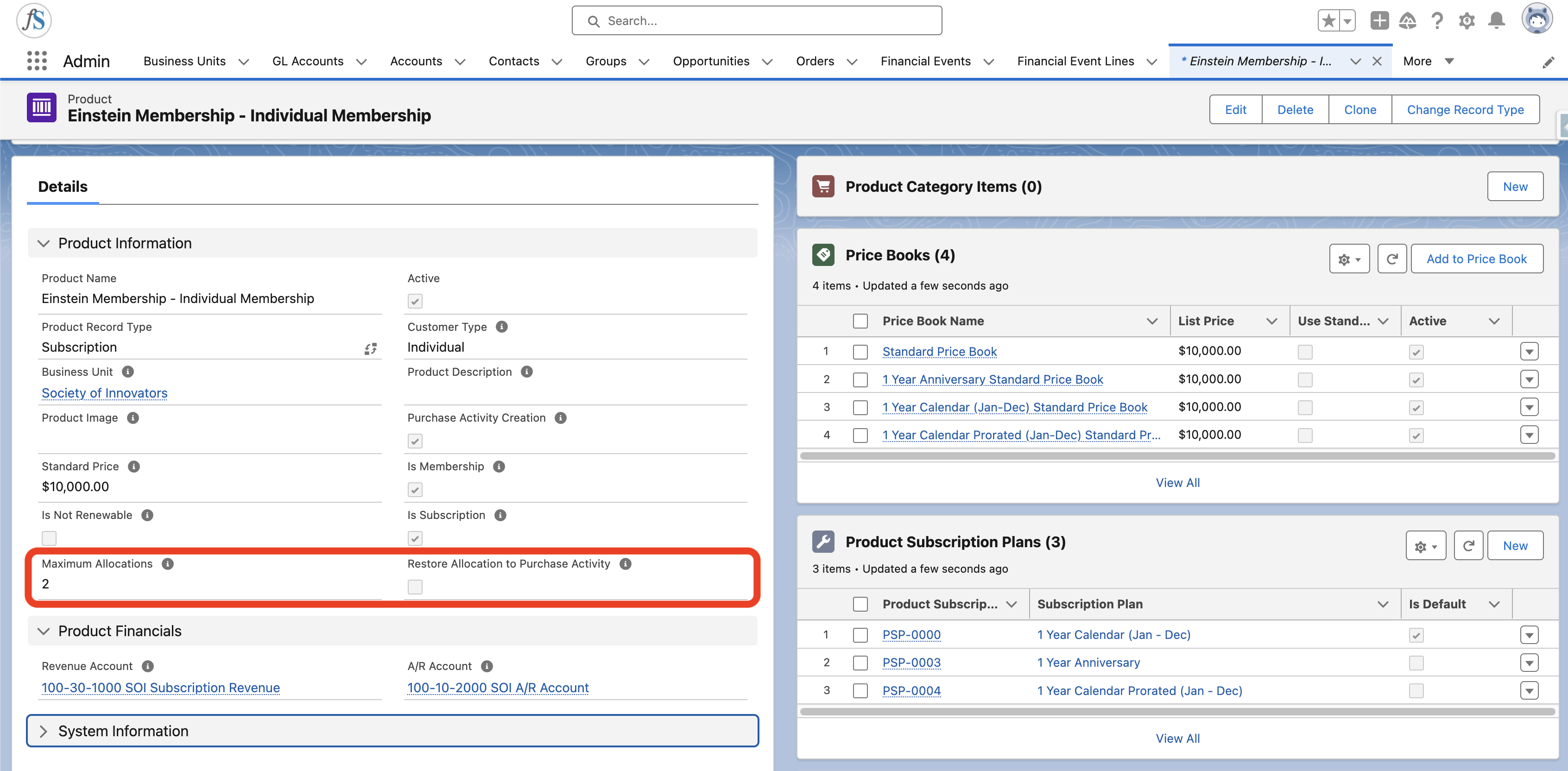 A Product record showing the Maximum Allocations field and the Restore Allocation to Purchase Activity checkbox