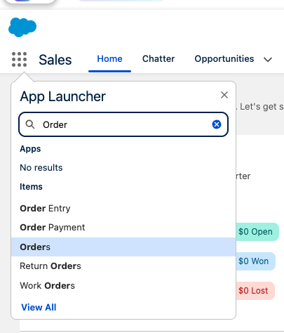 App Launcher with Order typed into the search box