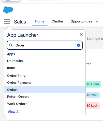 App Launcher with Order typed into the search box