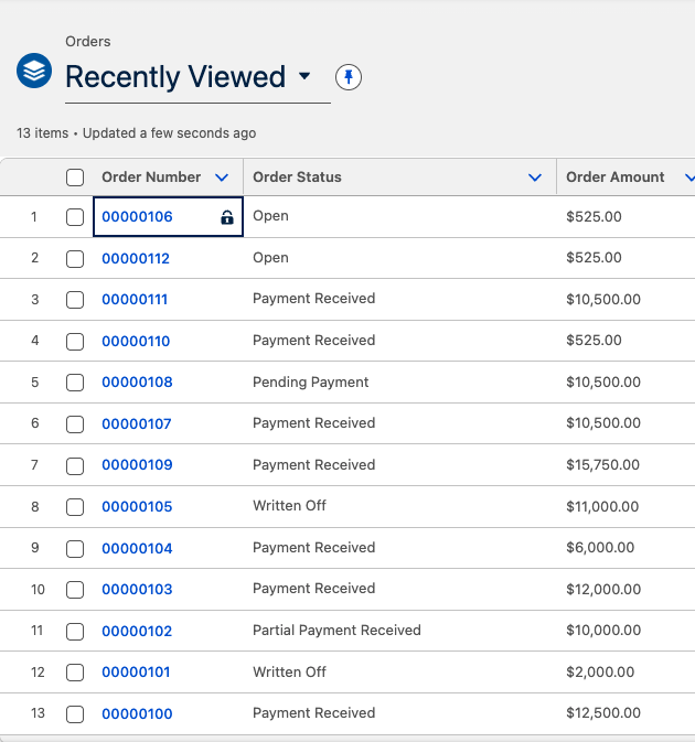 Orders list view with an Order selected