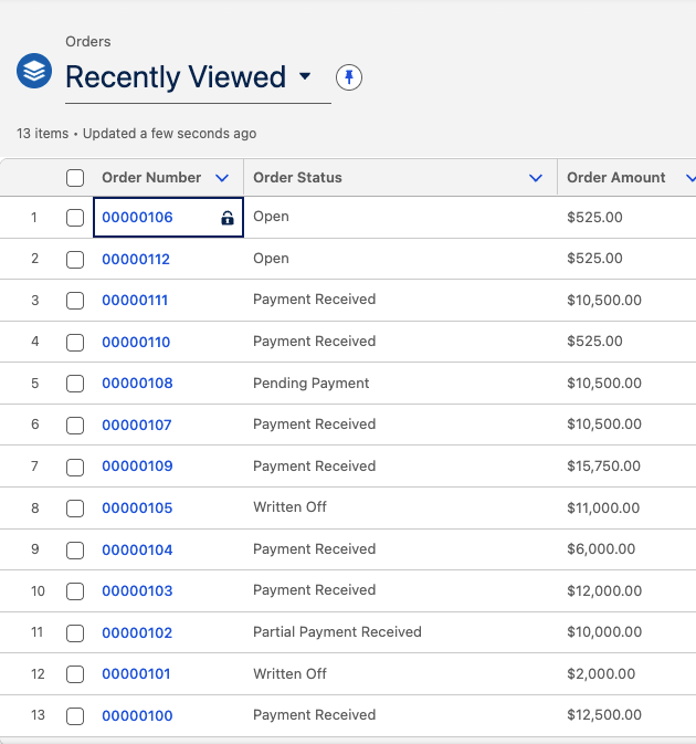Orders list view with an Order selected
