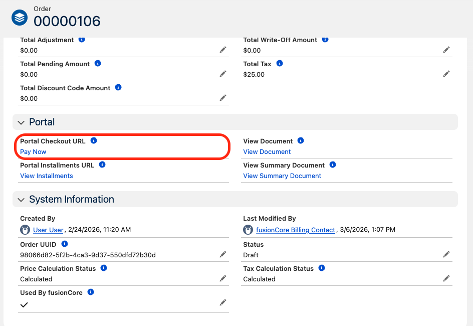 Order record page showing the Portal Checkout URL link