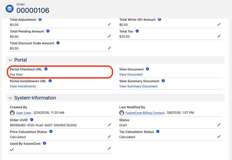 Order record page showing the Portal Checkout URL link