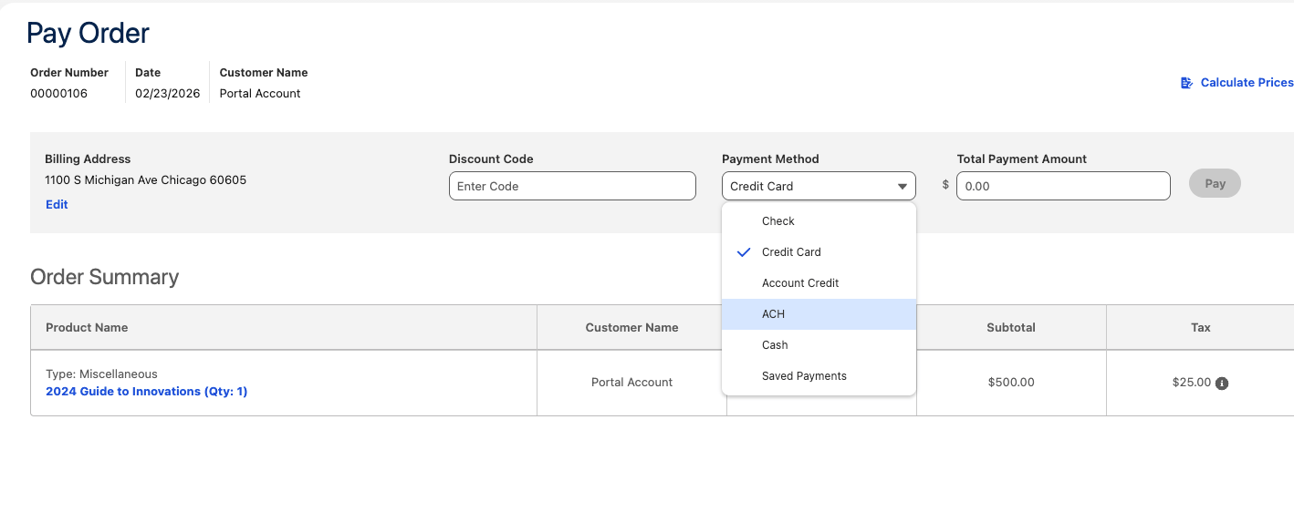 Checkout interface showing Card, ACH and Wallet Item options