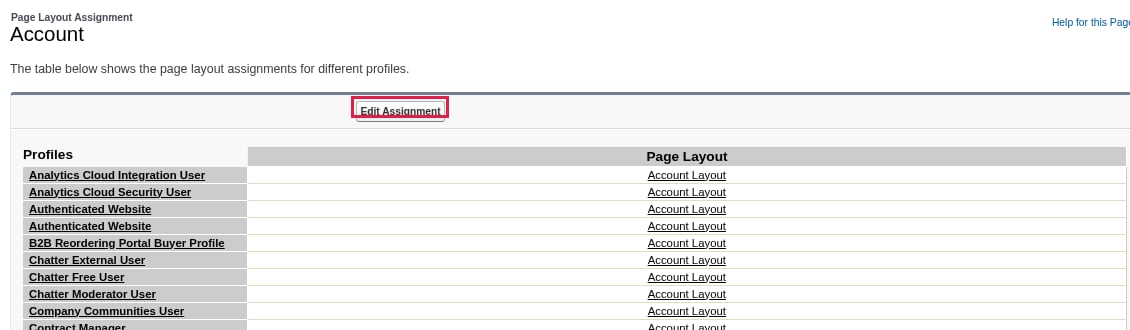 The Page Layout Assignment screen for the Account object in Object Manager with the Edit Assignment button highlighted