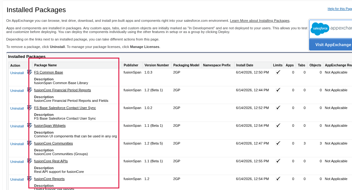 The Installed Packages page in Salesforce Setup with the fusionCore package names highlighted in the Package Name column