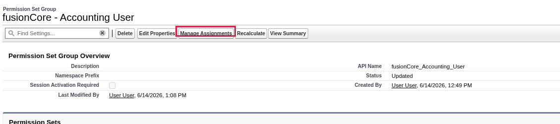 A fusionCore permission set group detail page in Setup with the Manage Assignments button highlighted