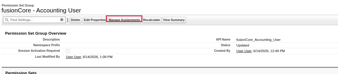 A fusionCore permission set group detail page in Setup with the Manage Assignments button highlighted