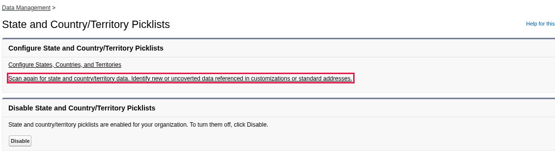 The State and Country/Territory Picklists setup page with the scan for state and country/territory data link highlighted
