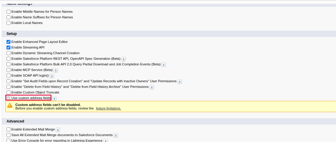 The User Interface setup page in Salesforce with the Use custom address fields checkbox highlighted