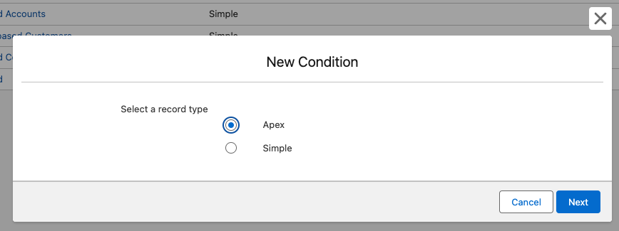 The record type selection dialog for a new Condition