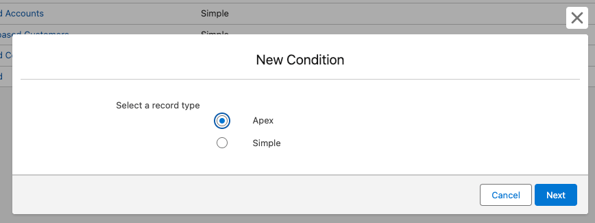 The record type selection dialog for a new Condition