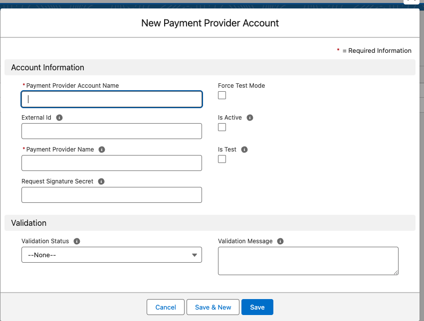 The New button on the Payment Provider Accounts list view