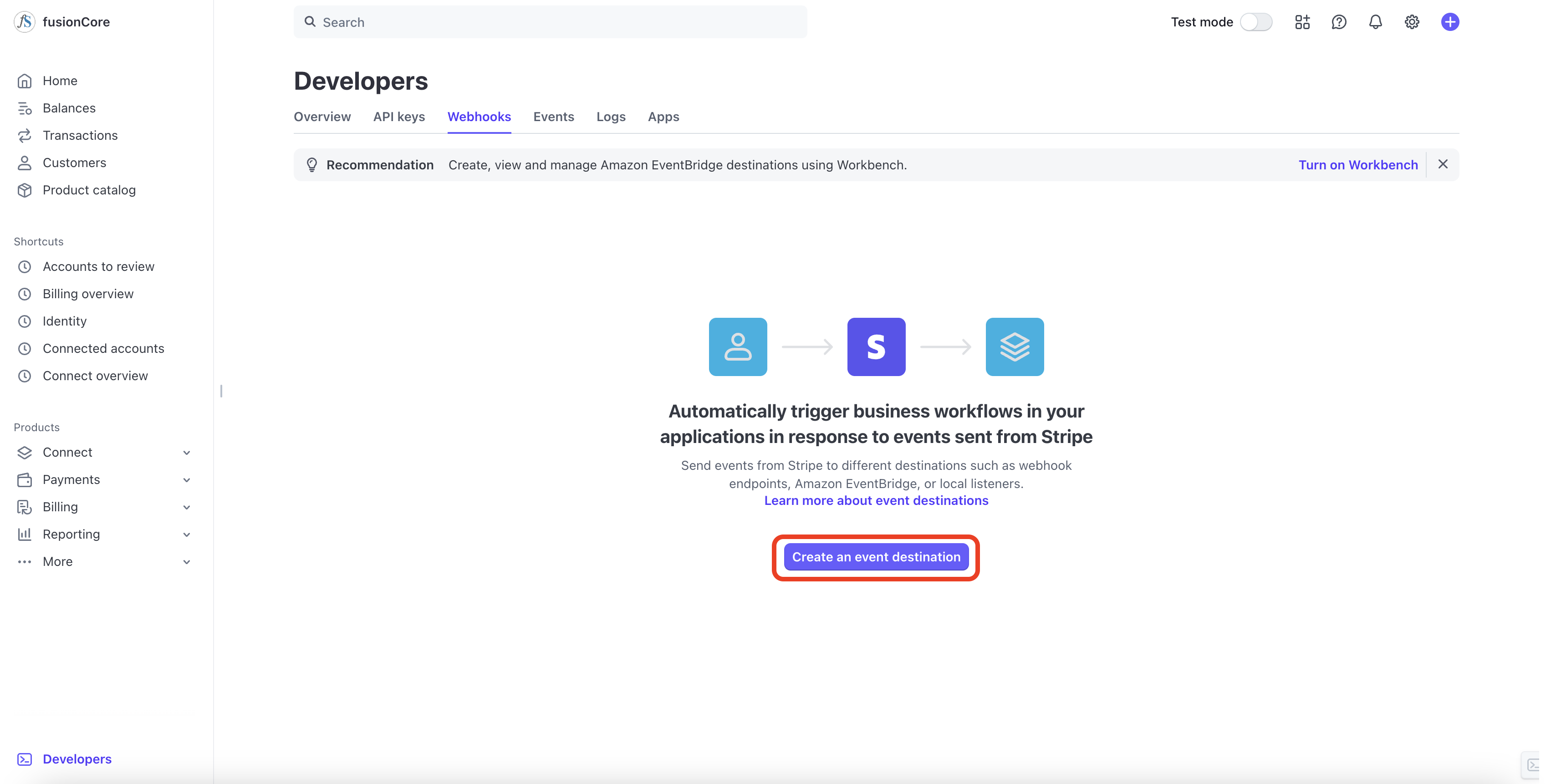 The Stripe Webhooks page with the Create an event destination button