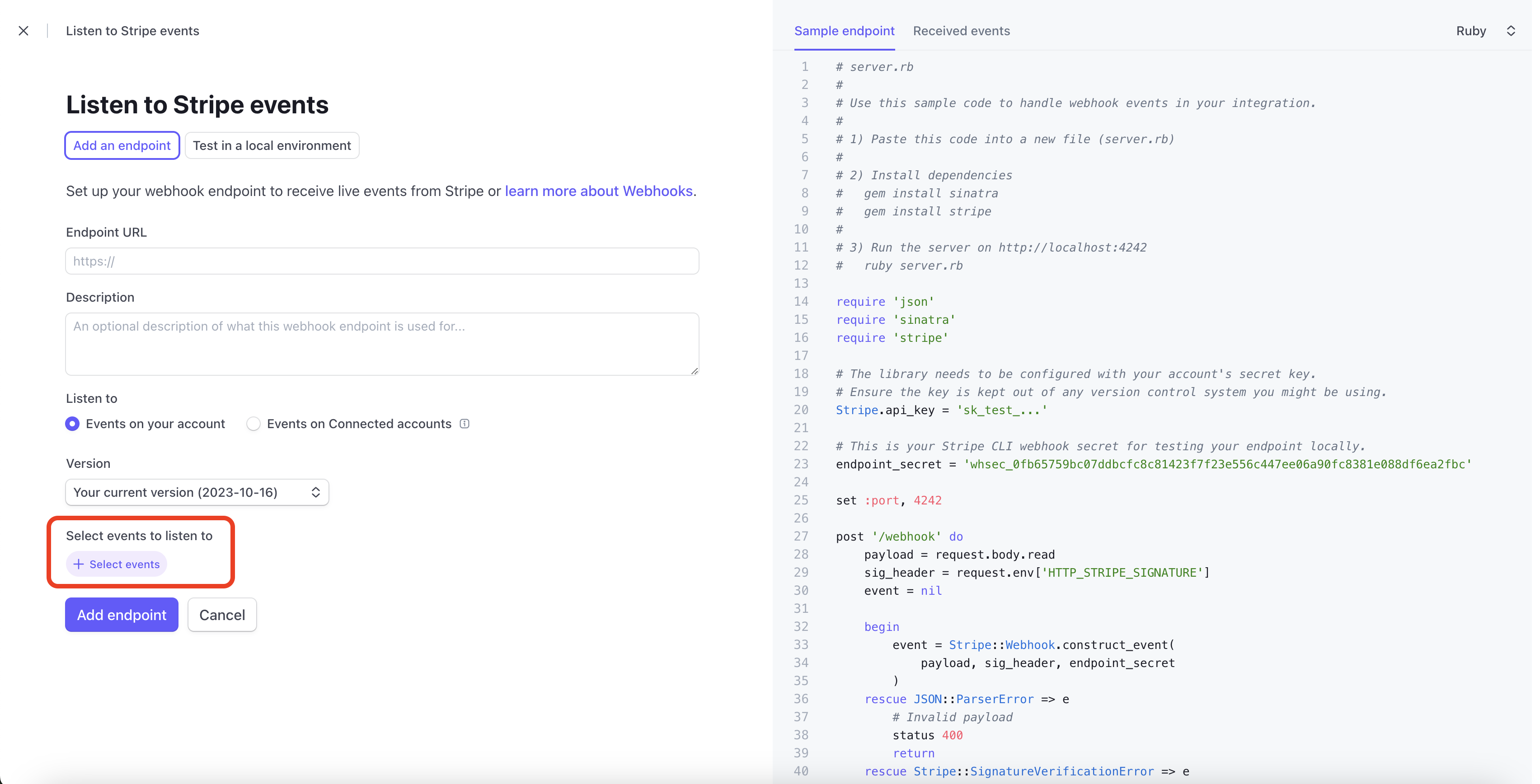 The Stripe event selection list with the fusionCore webhook events being added
