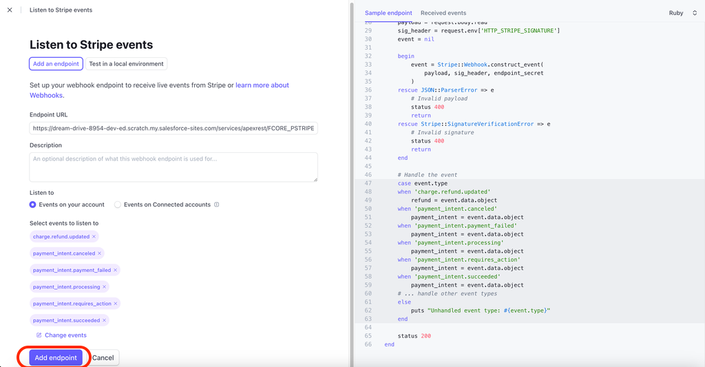 The Stripe Add endpoint button at the bottom left of the event destination form