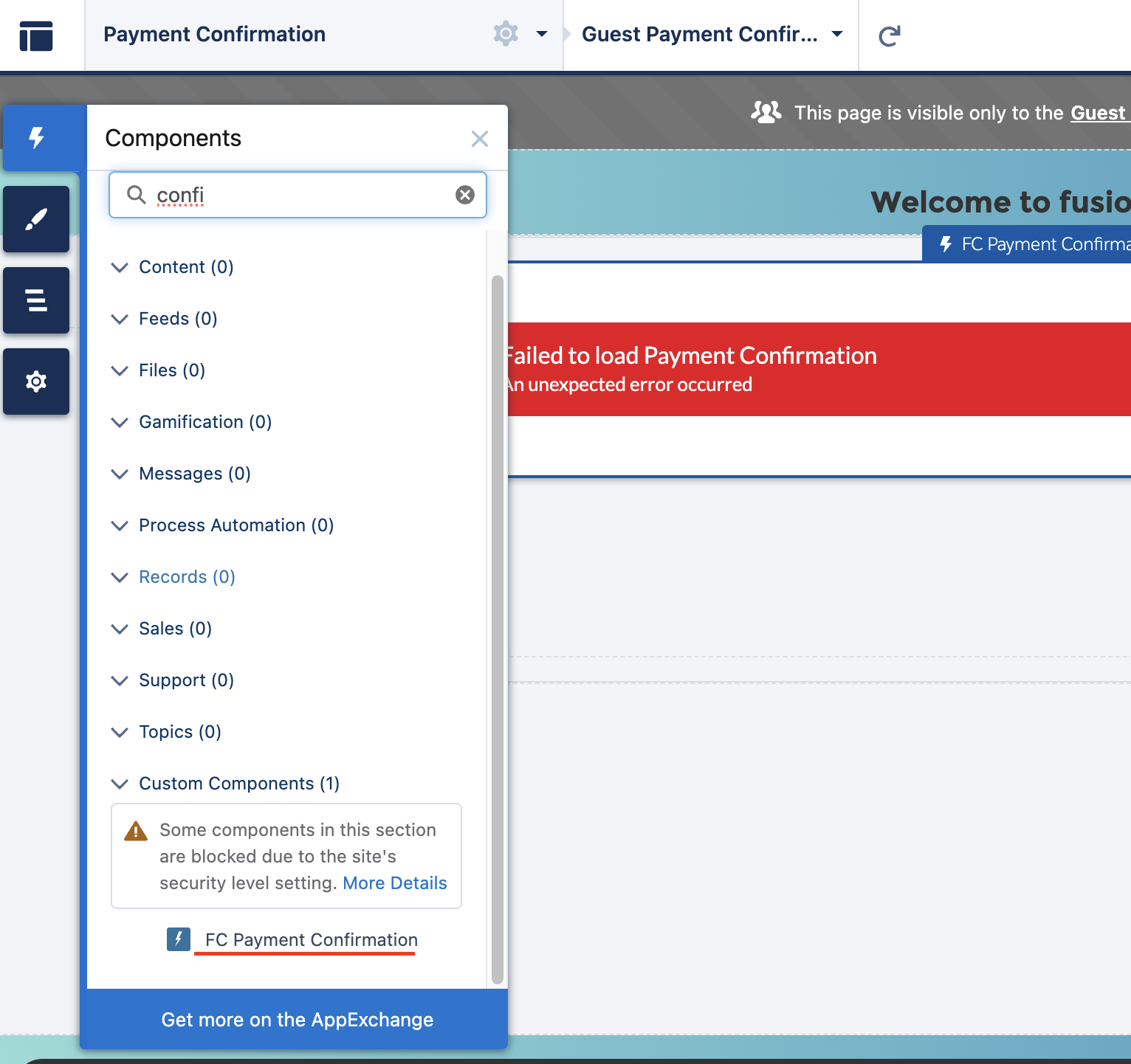 Adding the fusionCore Payment Confirmation component to a page in Experience Builder