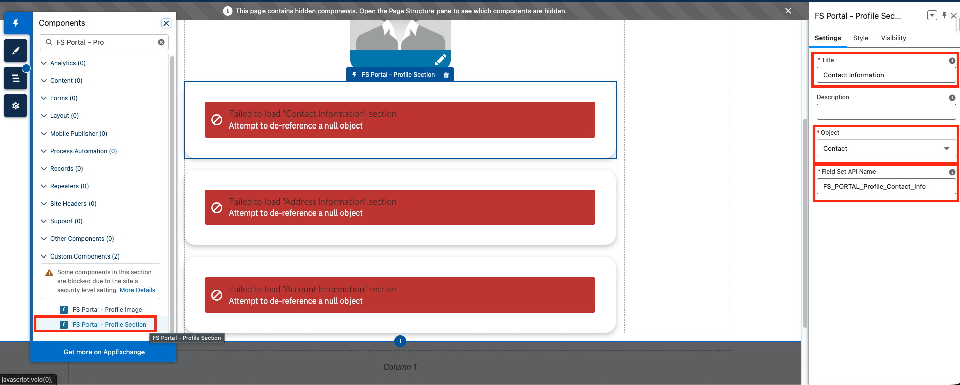 The property panel for an FS Portal - Profile Section component