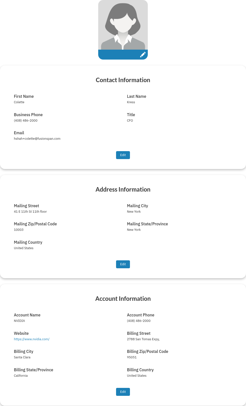 The rendered portal profile page, showing the profile image followed by Contact Information, Address Information, and Account Information sections, each with an Edit button