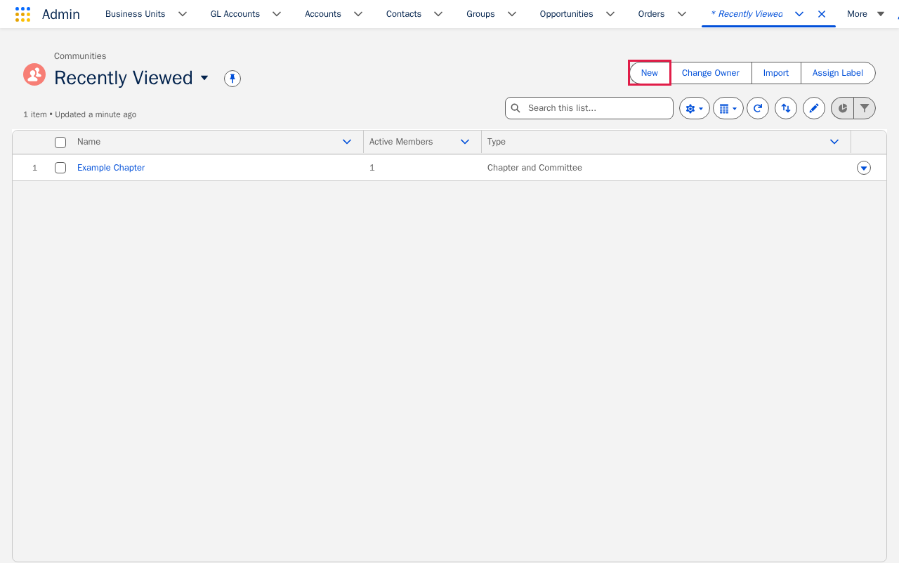 Communities list view with the New button highlighted.