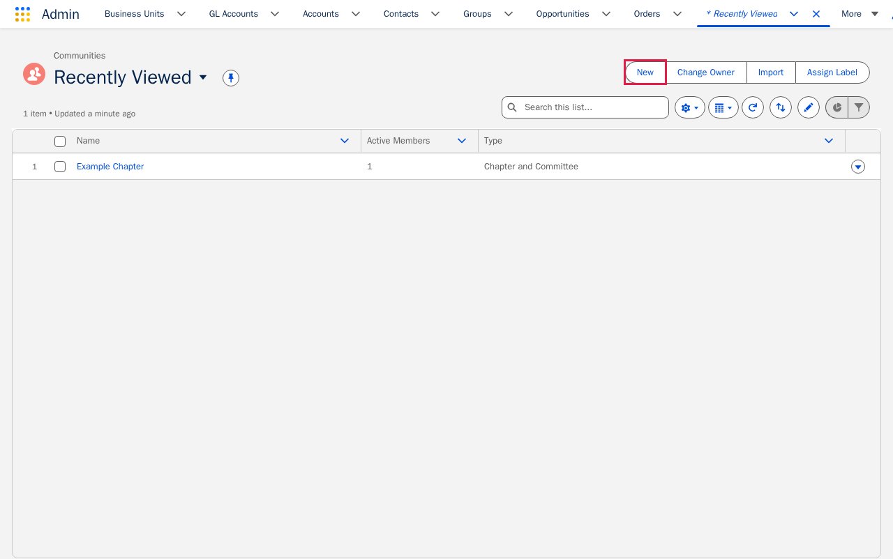 Communities list view with the New button highlighted.