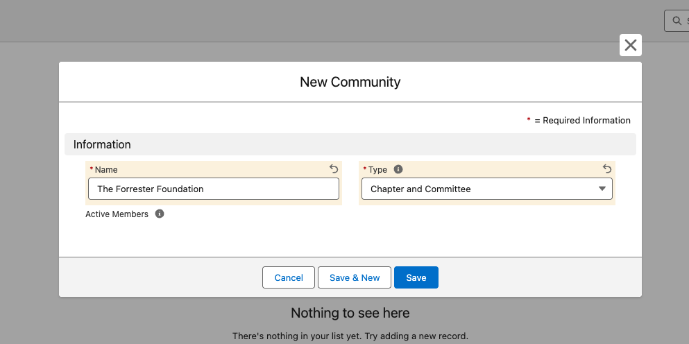 New Community form showing the Name field and the Type picklist.