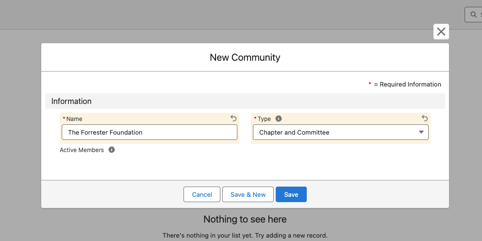 New Community form showing the Name field and the Type picklist.
