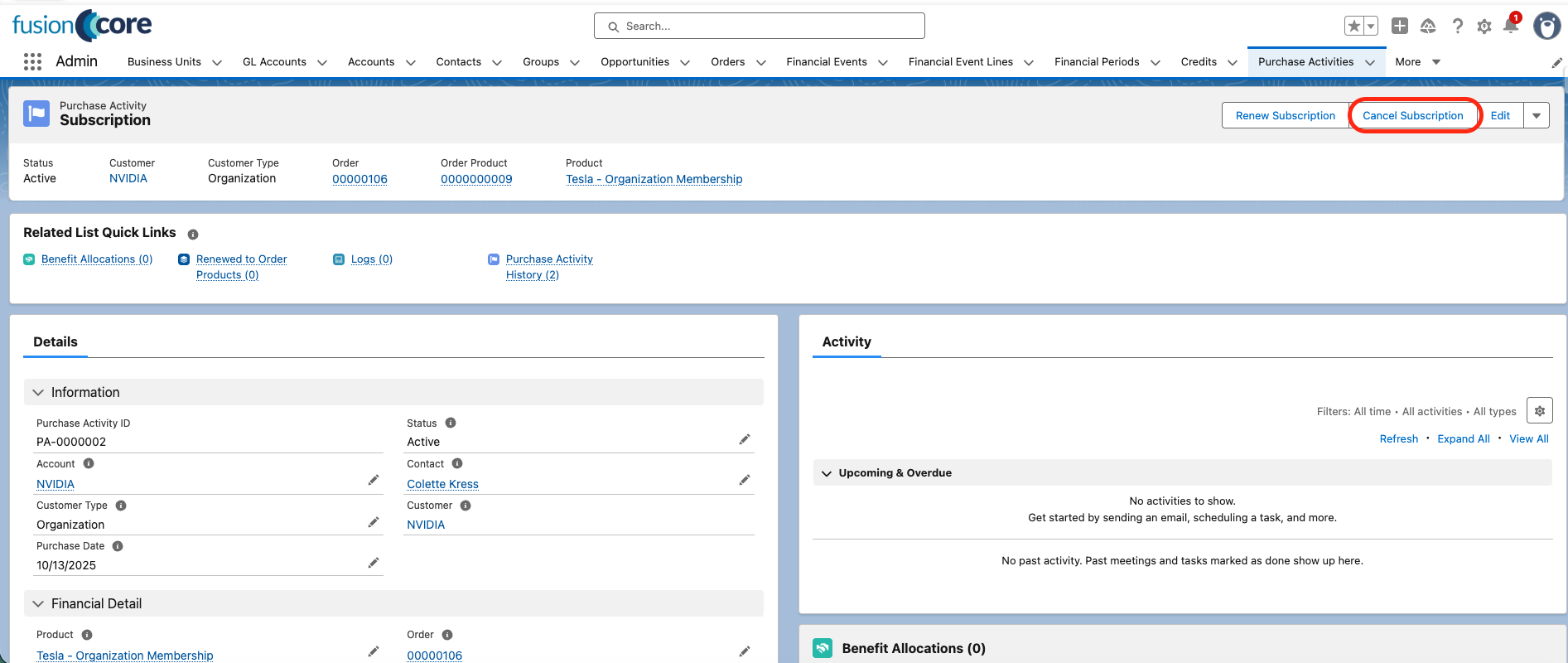 The Cancel Subscription action on a Purchase Activity record