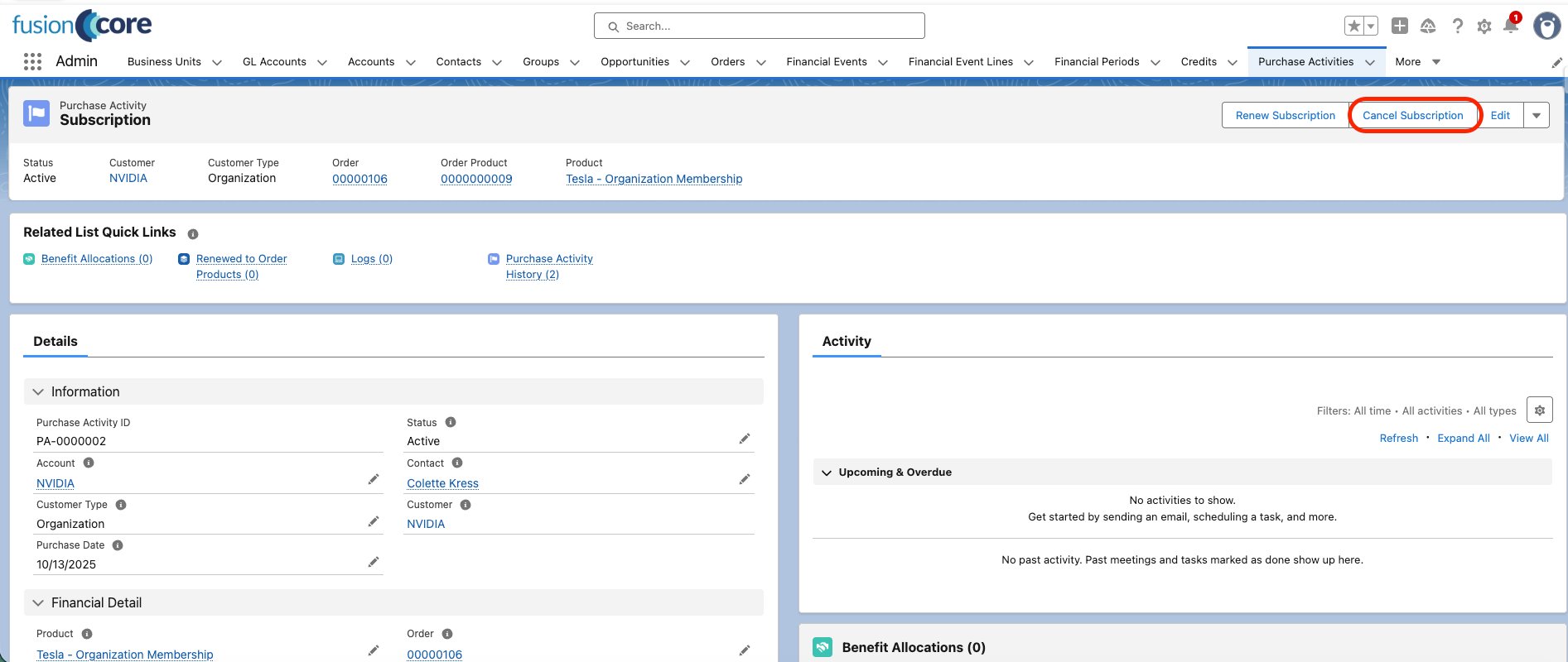 The Cancel Subscription action on a Purchase Activity record