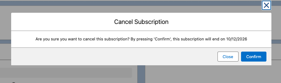 The cancellation confirmation modal with a Confirm button