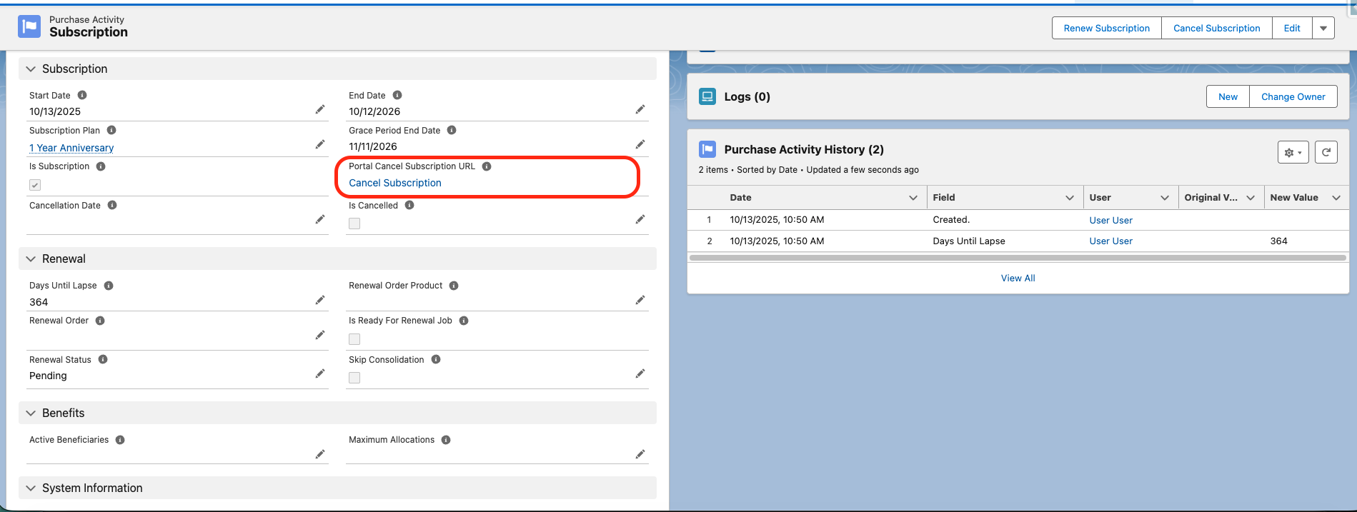 The Portal Cancel Subscription URL field on a Purchase Activity