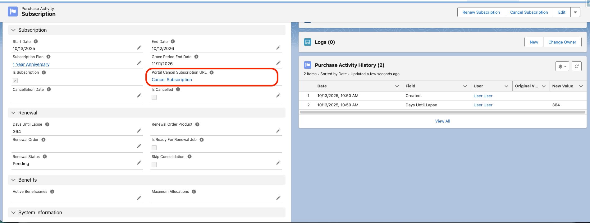 The Portal Cancel Subscription URL field on a Purchase Activity