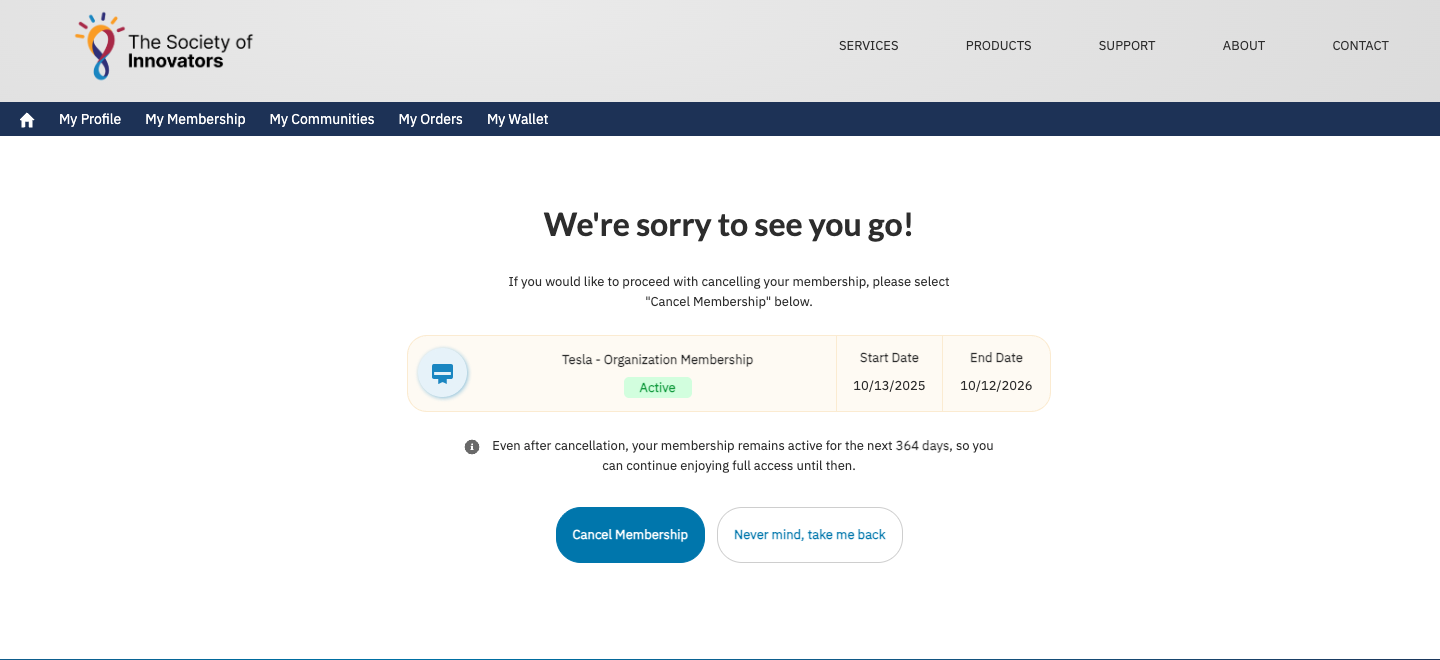 The Cancel Membership button on the portal cancellation page