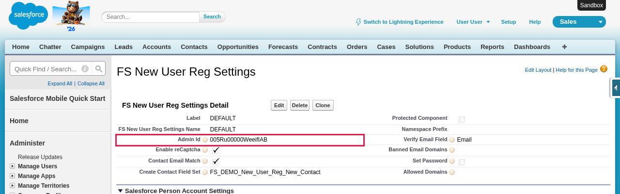 An FS New User Reg Settings record with the Admin Id field highlighted in a red box, alongside Verify Email Field, Enable reCaptcha, Contact Email Match, and Create Contact Field Set