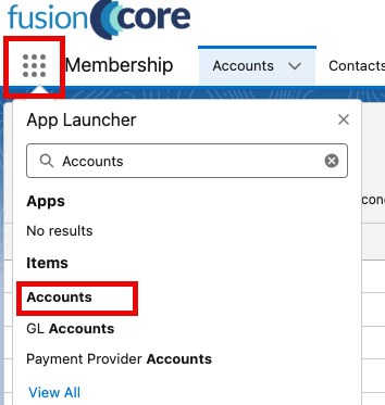 App Launcher search showing the Accounts option
