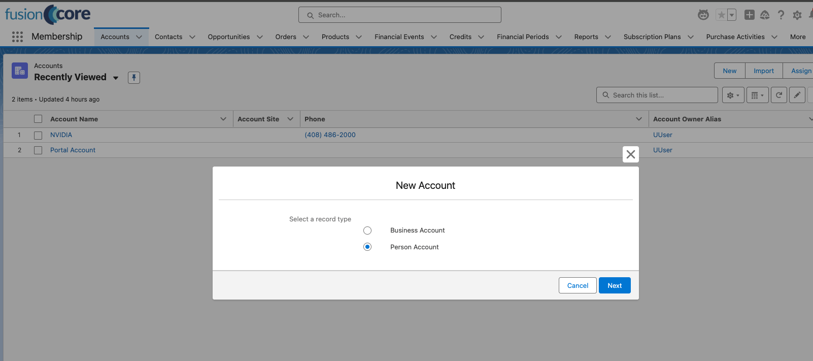 Record type selection dialog with Person Account selected
