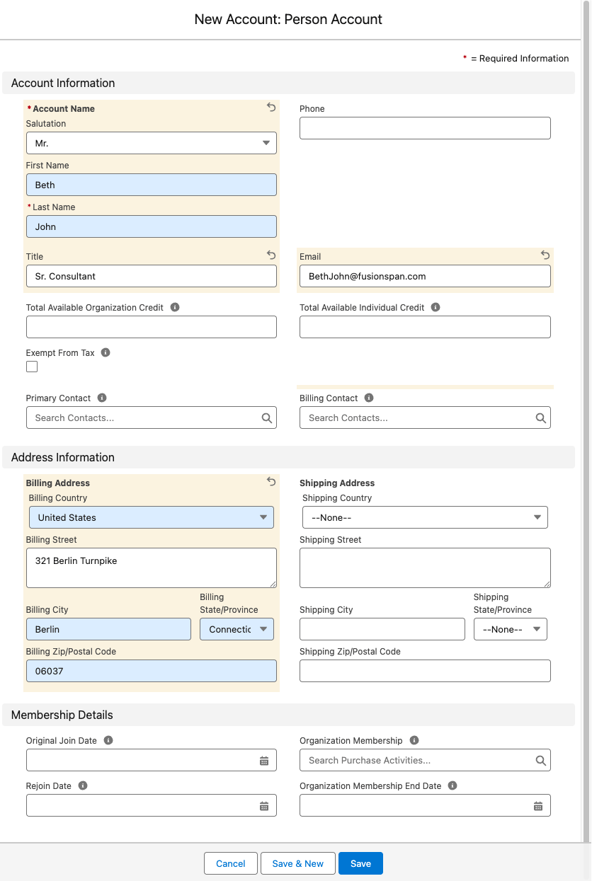 New Person Account form with name, email, and billing address fields filled in