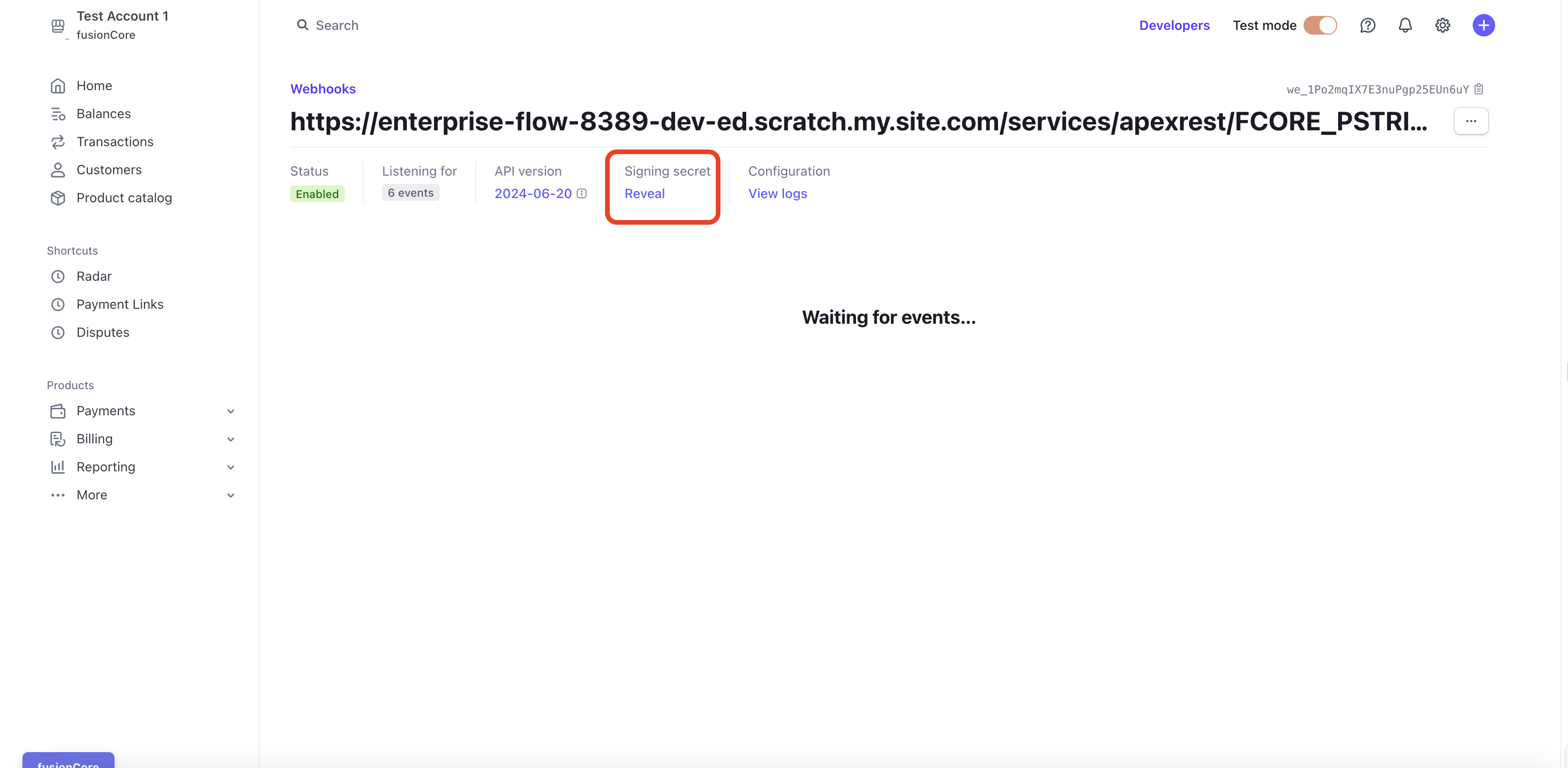 The Stripe webhook detail page showing where to reveal and copy the signing secret