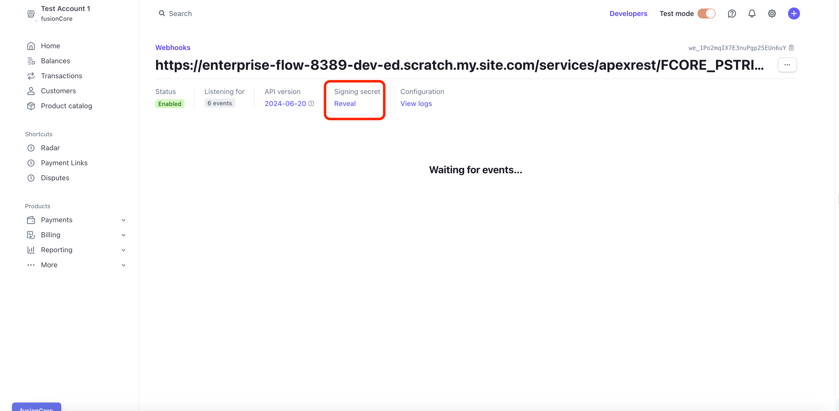 The Stripe webhook detail page showing where to reveal and copy the signing secret
