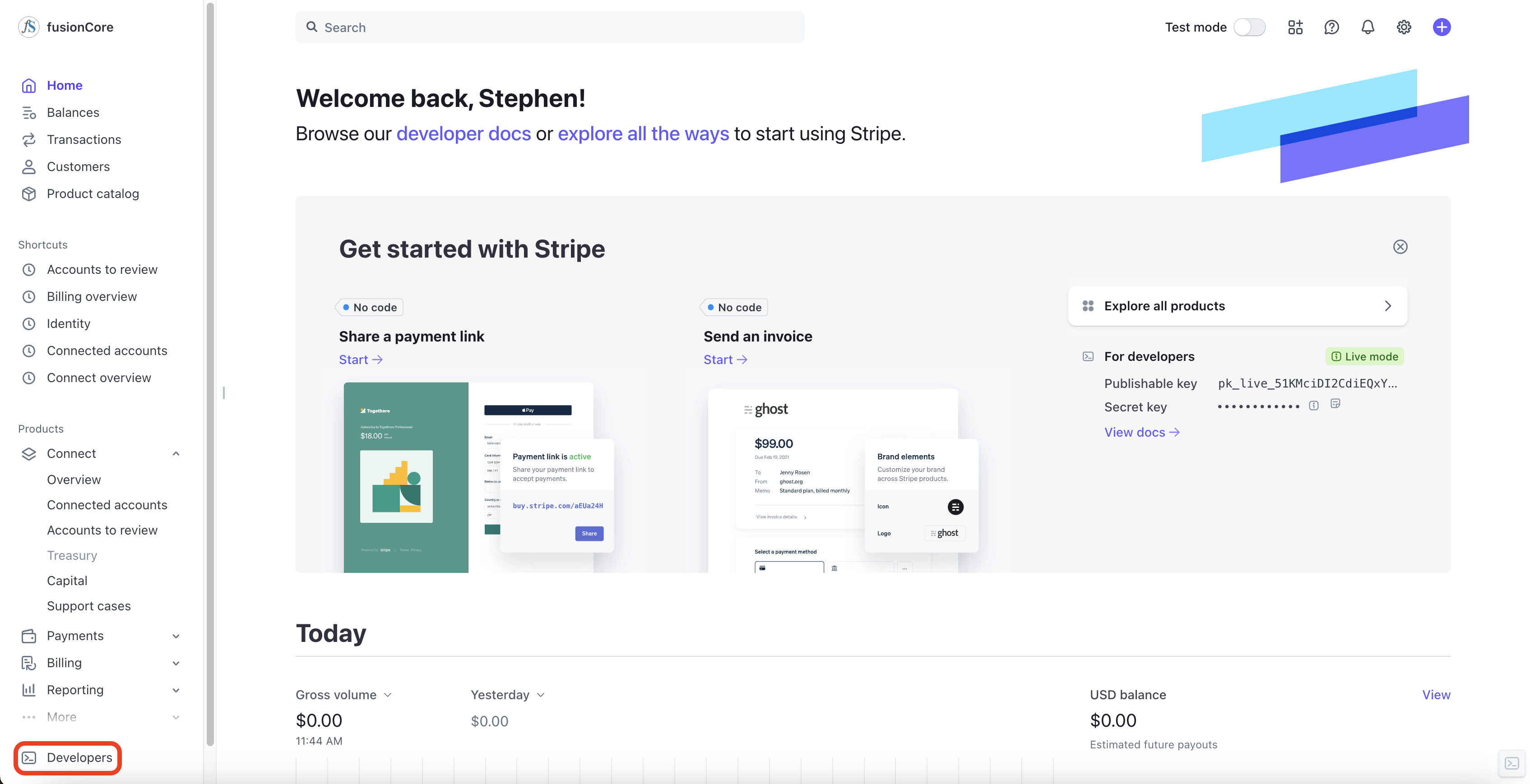 The Stripe dashboard with the Developers menu selected