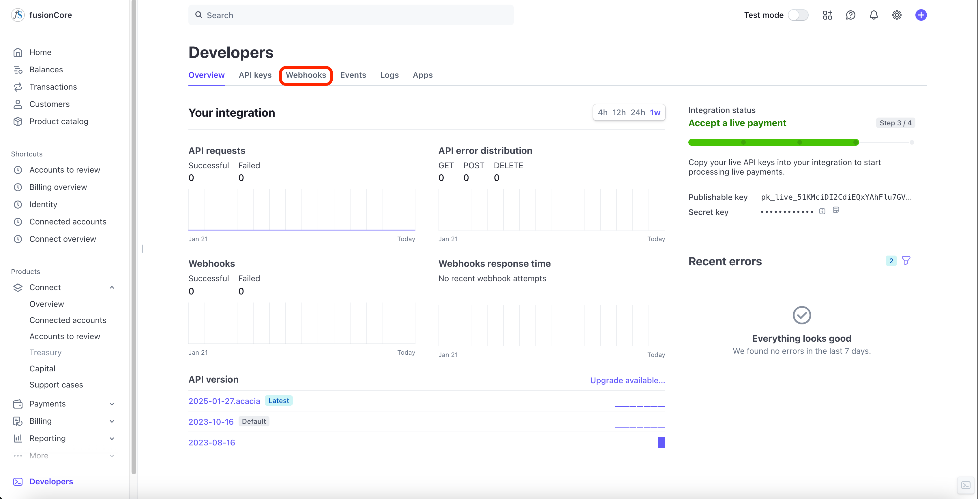 The Stripe Developers menu showing the Webhooks option