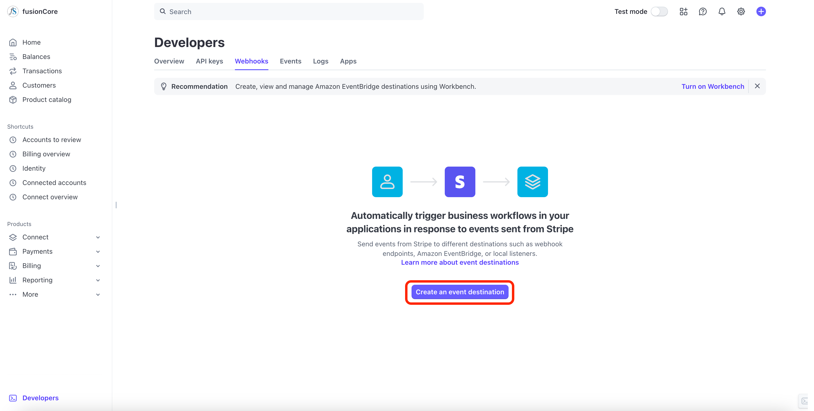 The Stripe Webhooks page with the Create an event destination button