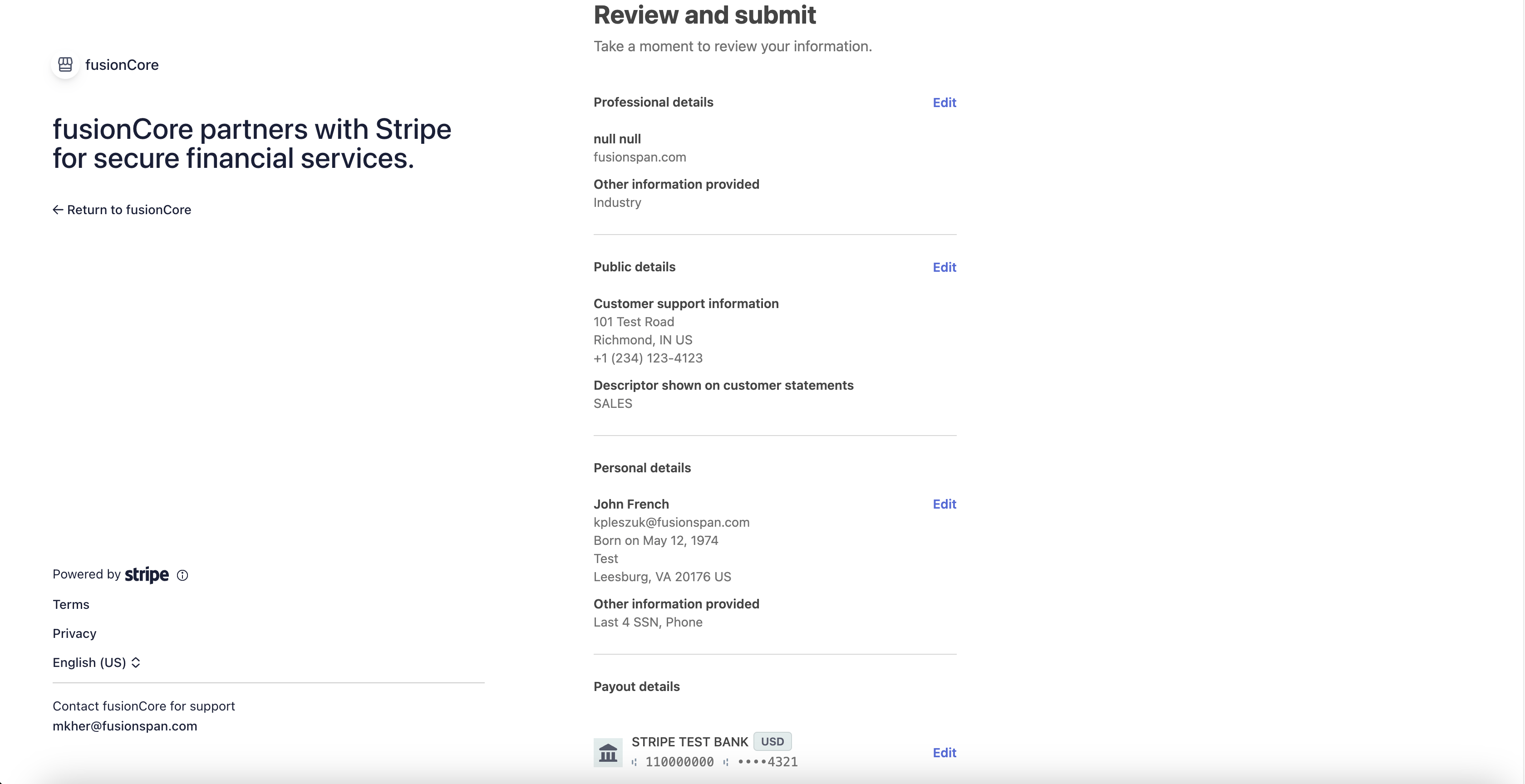 The Stripe information form covering personal, professional, public, and financial institution details