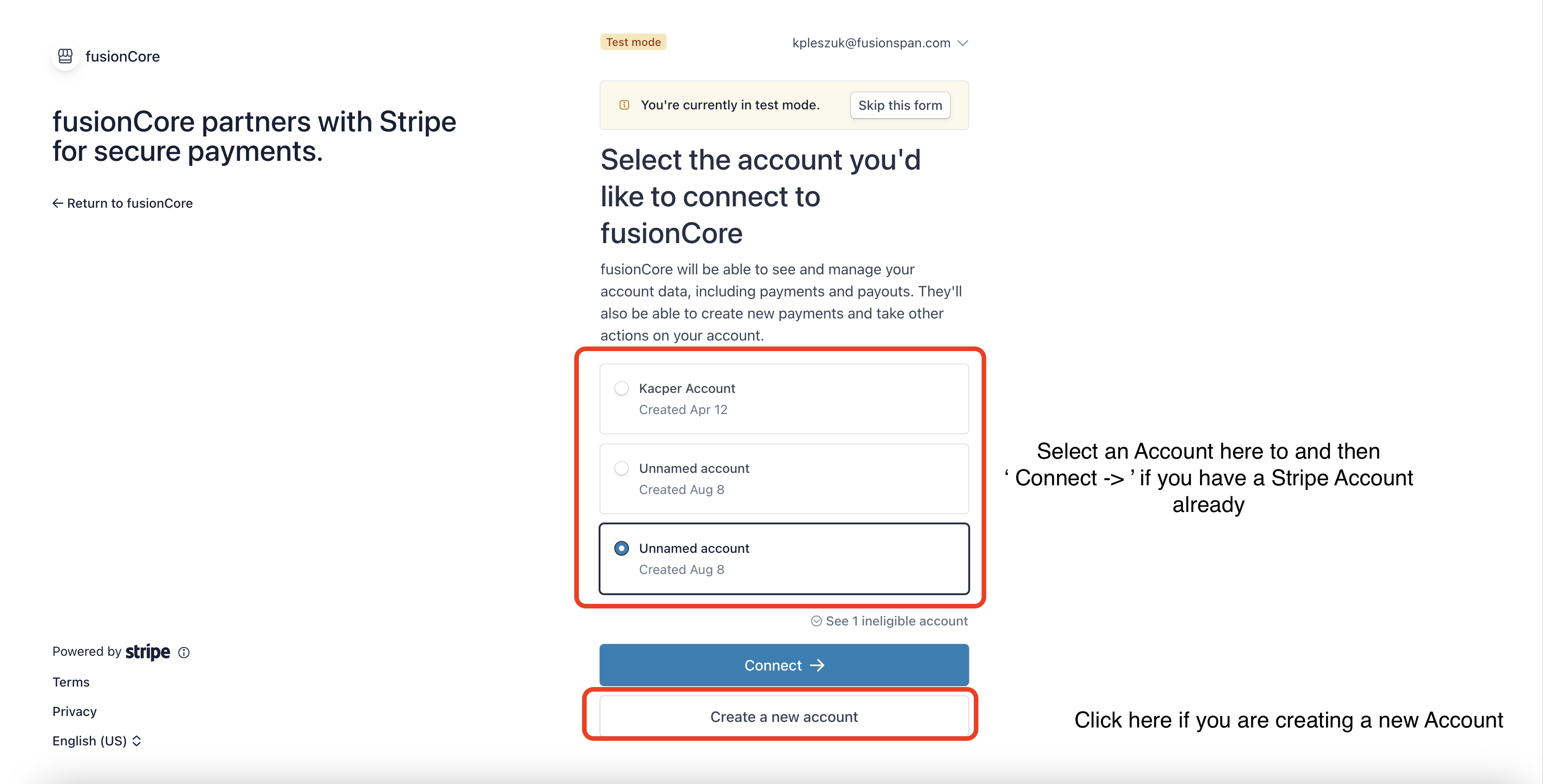 The Stripe onboarding link landing page sent by the fusionCore implementation team