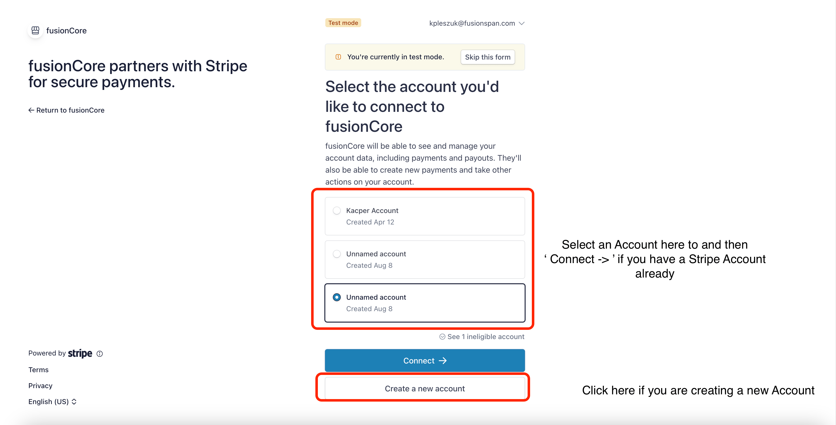 The Stripe onboarding link landing page sent by the fusionCore implementation team
