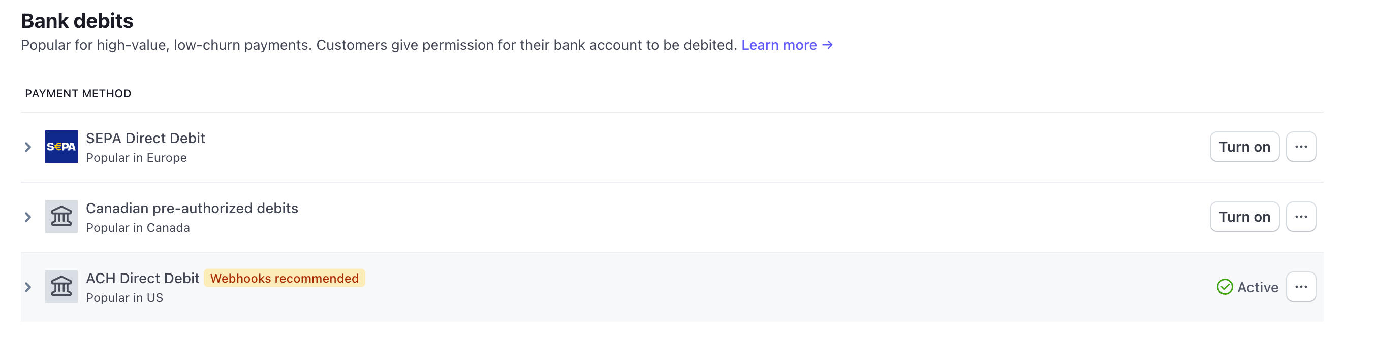 The Stripe payment methods list with ACH bank transfer being activated manually