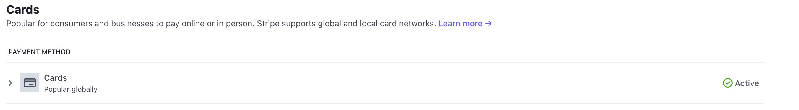 The Stripe payment methods list showing Card payments active by default