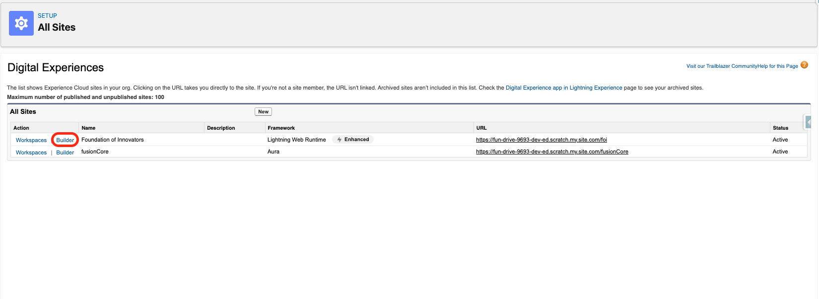 The All Sites list with the Builder link for a portal site
