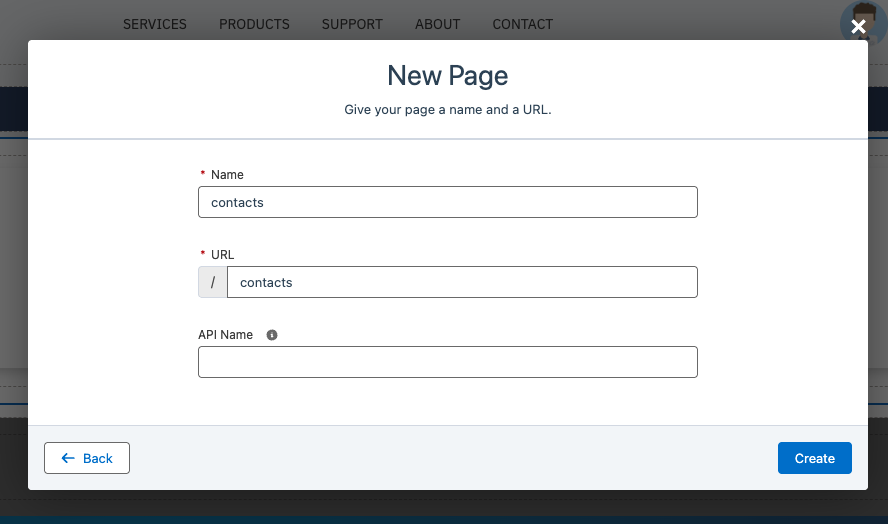 The new blank page dialog with a page name entered